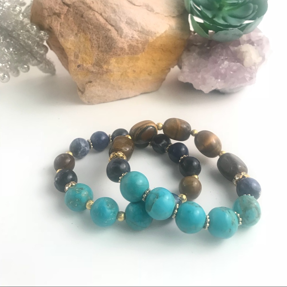 Turquoise Tigers Eye and Sodalite Bracelet Set